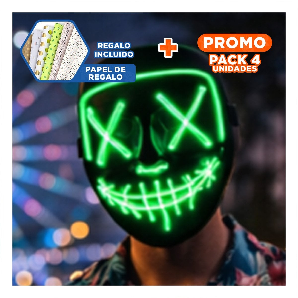 PACK4 CARETA DISFRAZ VERDE CON LUCES LED NEON HALLOWEEN Y+PAPEL REGALO - 1