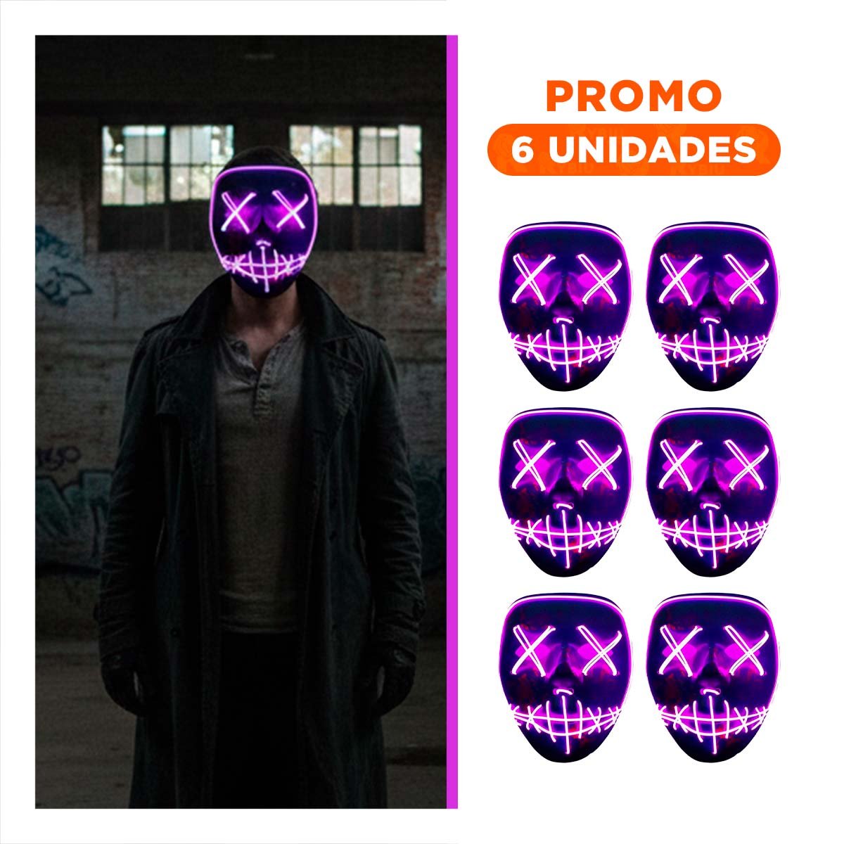 PACK6 ROSTRO DISFRAZ MORADO CON LUCES LED NEON HALLOWEEN - 1