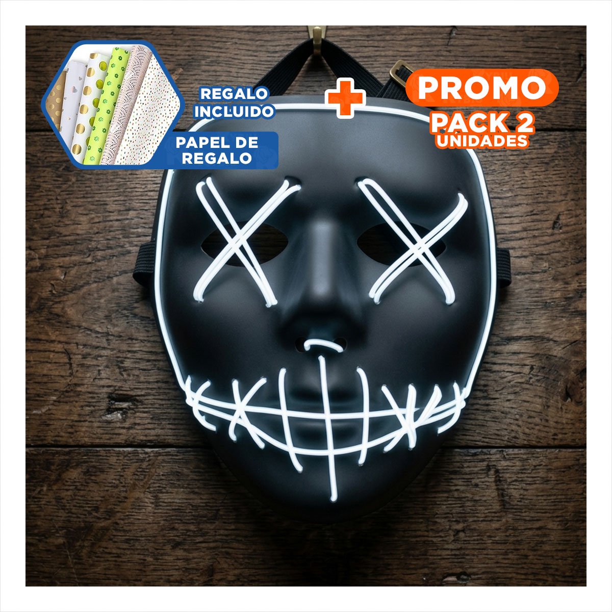 PACK2 ROSTRO LUMINOSO BLANCO PARA HALLOWEEN CON LED NEON Y+PAPEL REGALO - 1