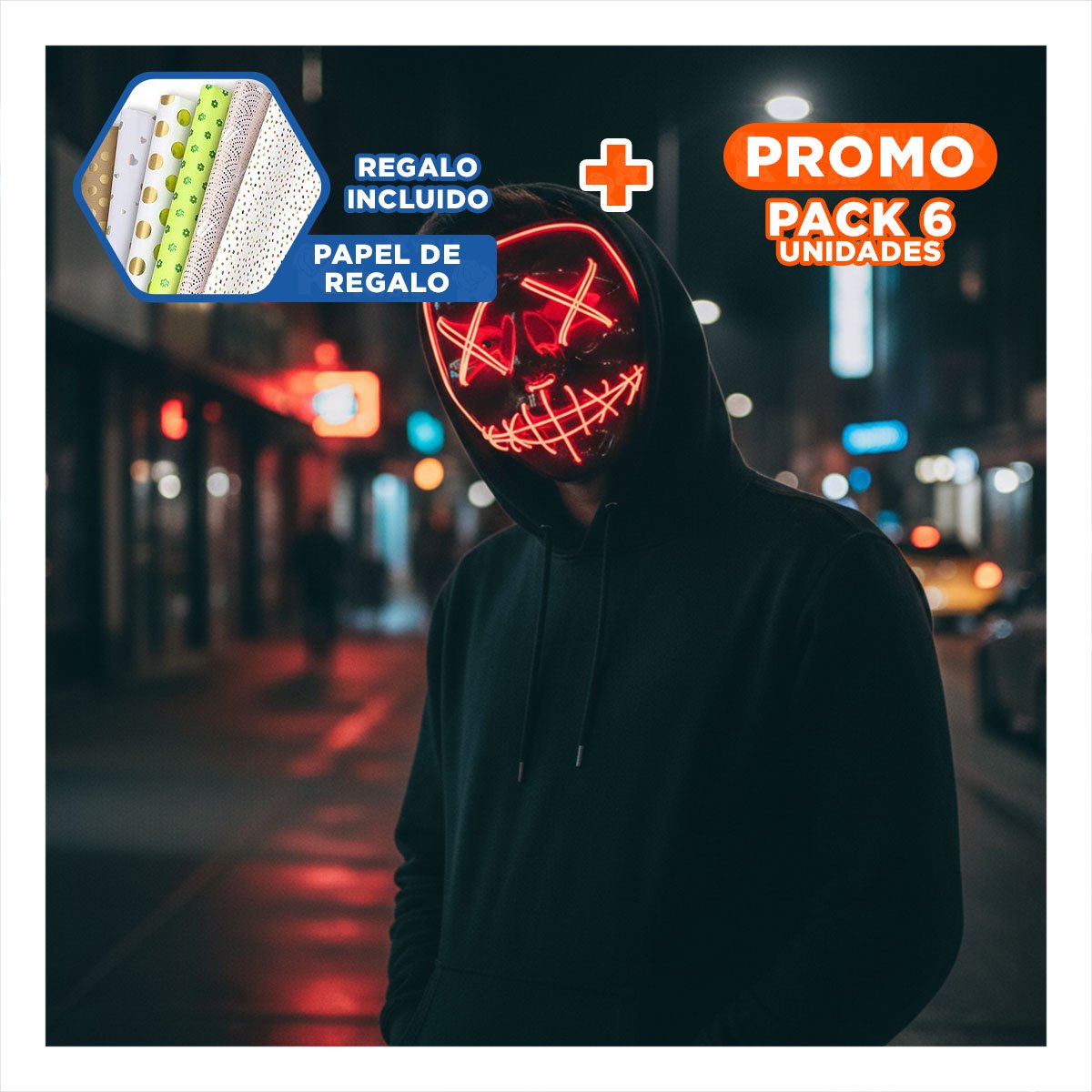 PACK6 CUBIERTA DISFRAZ ROJO CON LUCES LED NEON HALLOWEEN Y+PAPEL REGALO - 1
