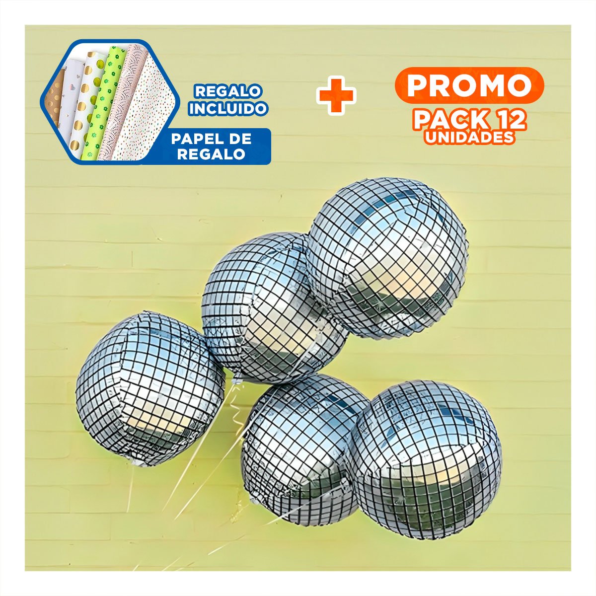 PACK12 ESFERA BOLA DISCO 4D 25CM PLATEADO SET 2 CUADROS Y+PAPEL REGALO - 1