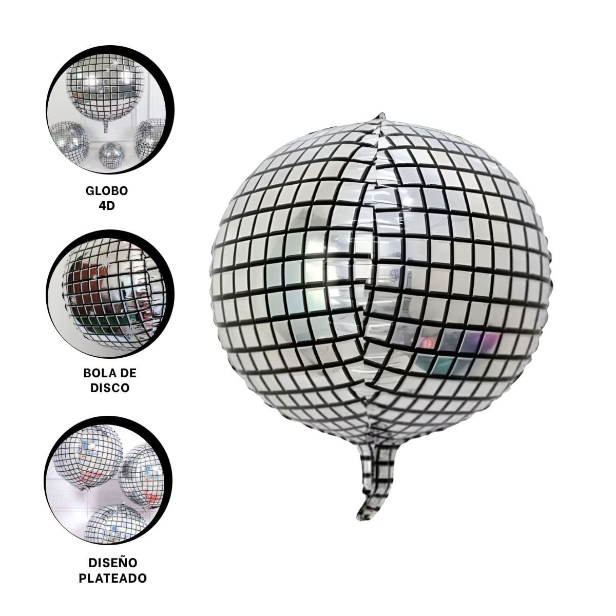 ESFERA 4D PLATEADO 45CM DISCO CUADROS NEGROS SET 2 - 3