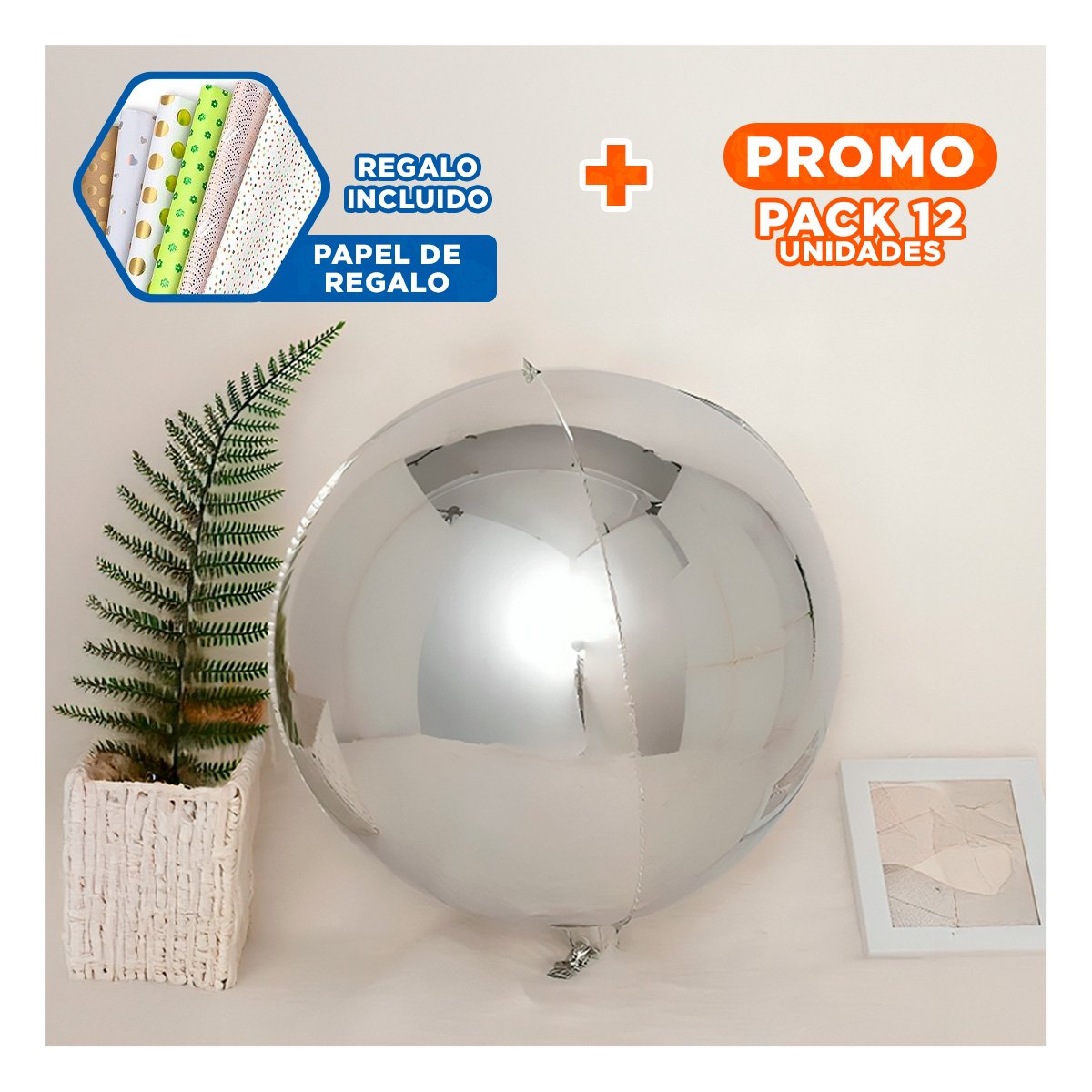 PACK12 ACCESORIO FESTIVO 4D 25CM SET 2 PLATEADO LISO PARA HOGAR Y+PAPEL REGALO - 1