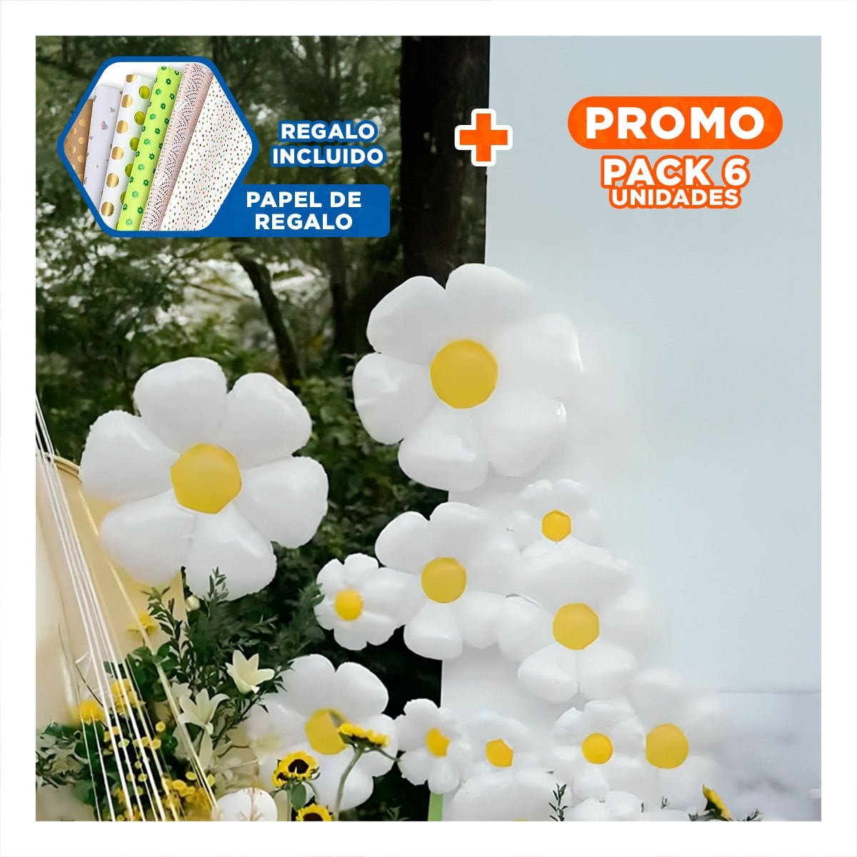 PACK6 LINEA FLOR 23CM SET 2 BLANCO CON CENTRO AMARILLO PARA FIESTA Y+PAPEL REGALO - 1