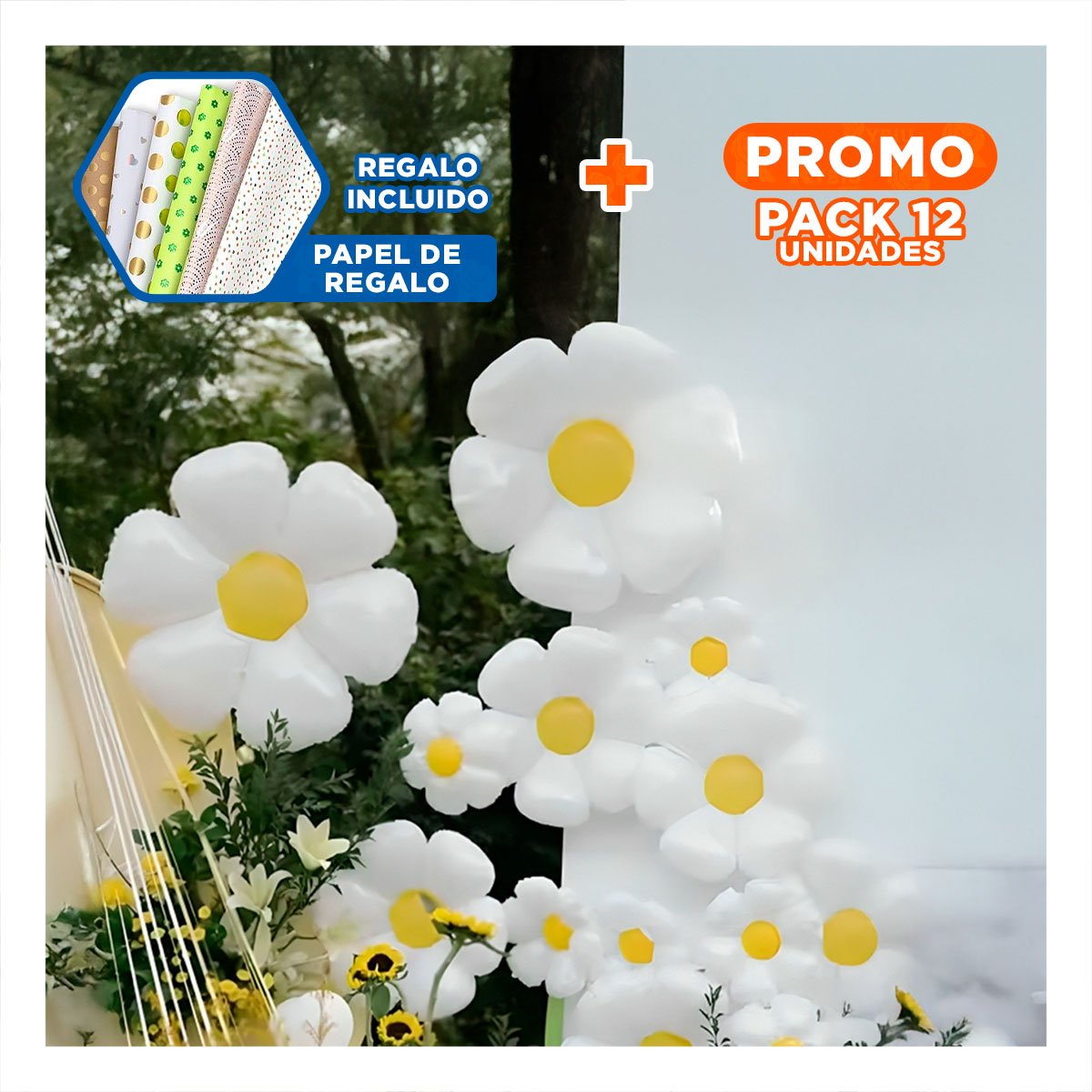 PACK12 ACCESORIO FESTIVO FLOR 23CM SET 2 BLANCO CON CENTRO AMARILLO CASA Y+PAPEL REGALO - 1