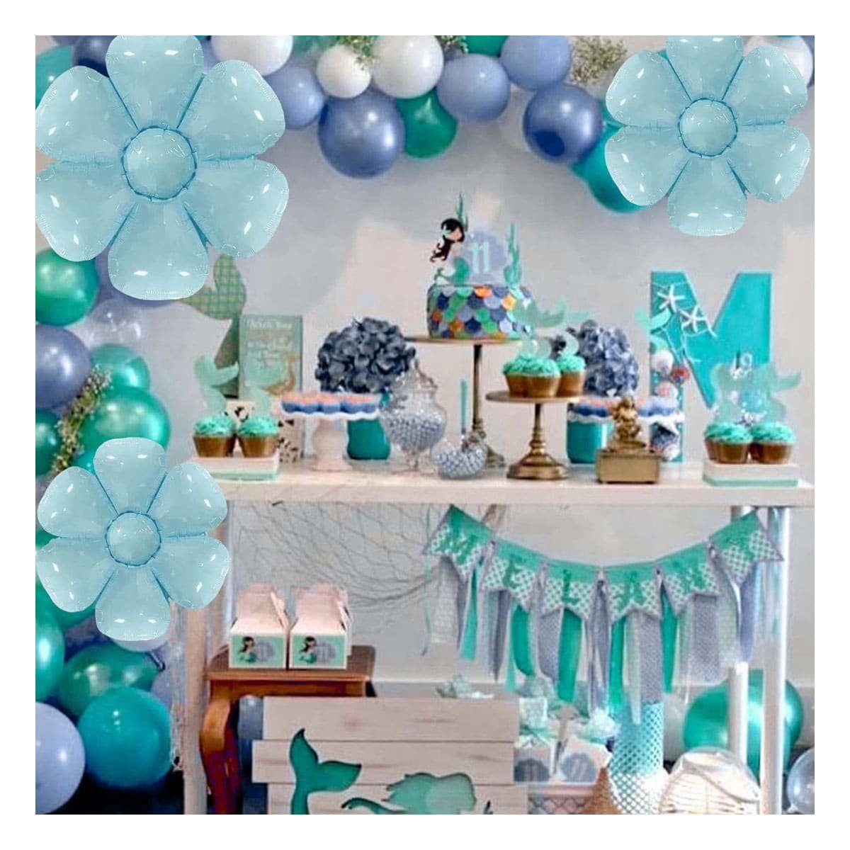 PACK12 ACCESORIO FESTIVO FLOR 23CM SET 2 CELESTE PARA CASA Y+PAPEL REGALO - 5