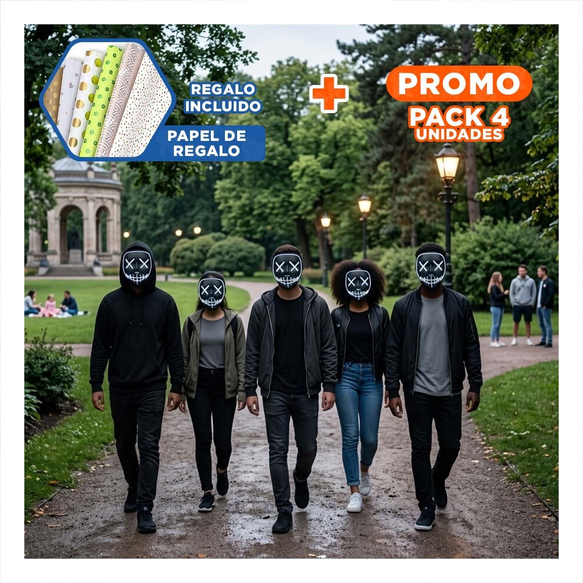PACK4 CARETA DISFRAZ BLANCO CON LUCES LED NEON HALLOWEEN Y+PAPEL REGALO - 1