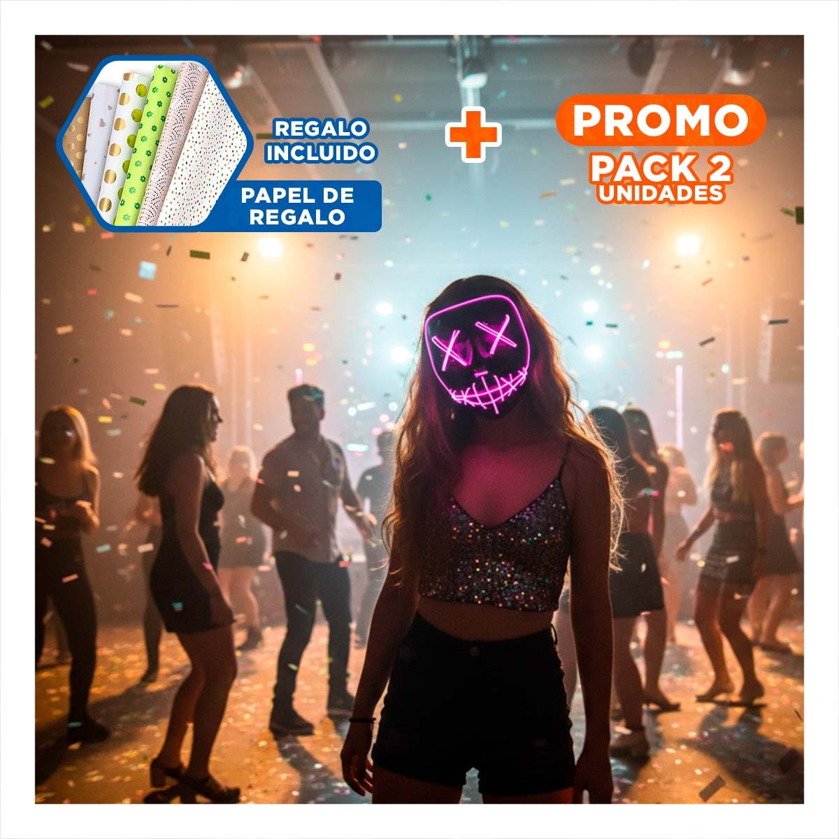 PACK2 ROSTRO LUMINOSO FUCSIA PARA HALLOWEEN CON LED NEON Y+PAPEL REGALO - 1