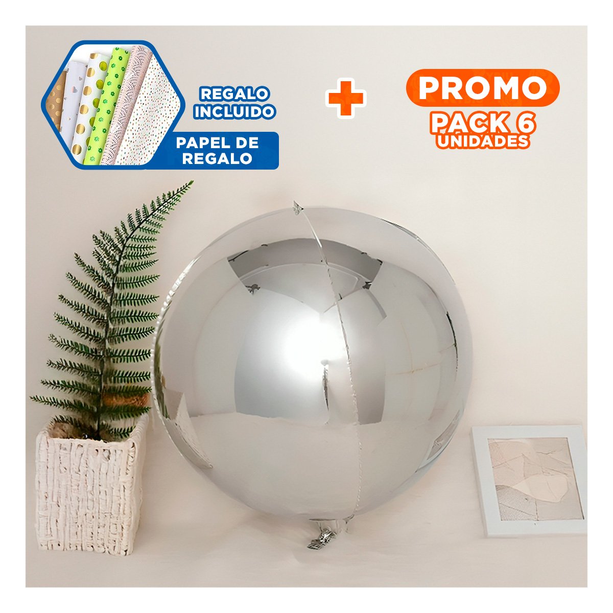 PACK6 LINEA 4D 25CM SET 2 PLATEADO LISO DECORACION FESTIVA Y+PAPEL REGALO - 1