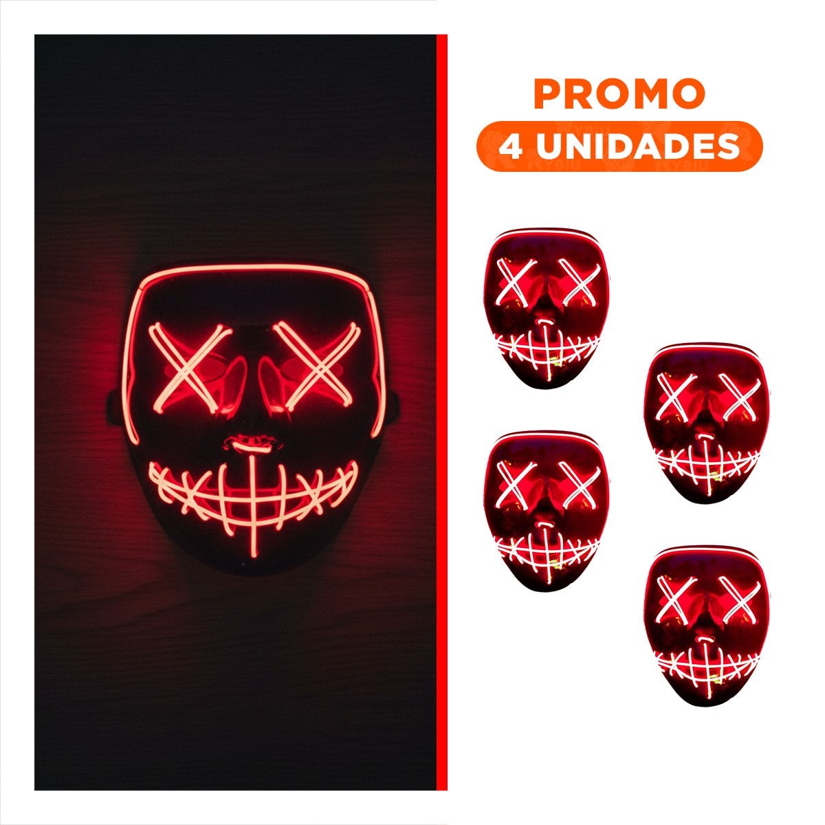 PACK4 ANTIFAZ DISFRAZ ROJO CON LUCES LED NEON HALLOWEEN Y+REGALO STICKER - 1