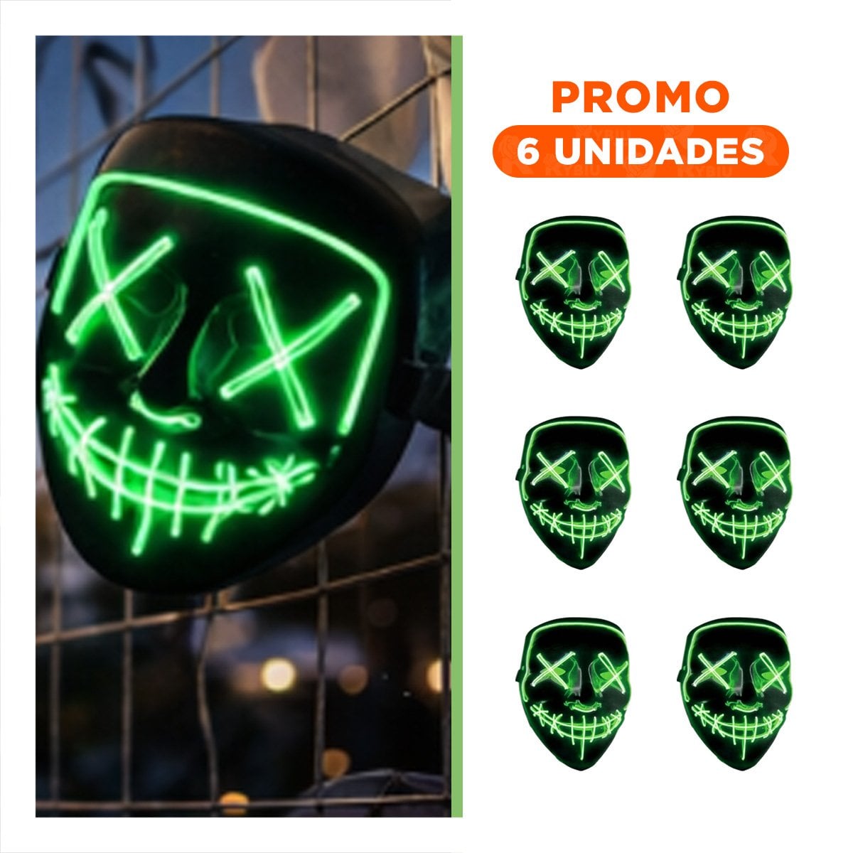PACK6 ROSTRO DISFRAZ VERDE CON LUCES LED NEON HALLOWEEN - 1