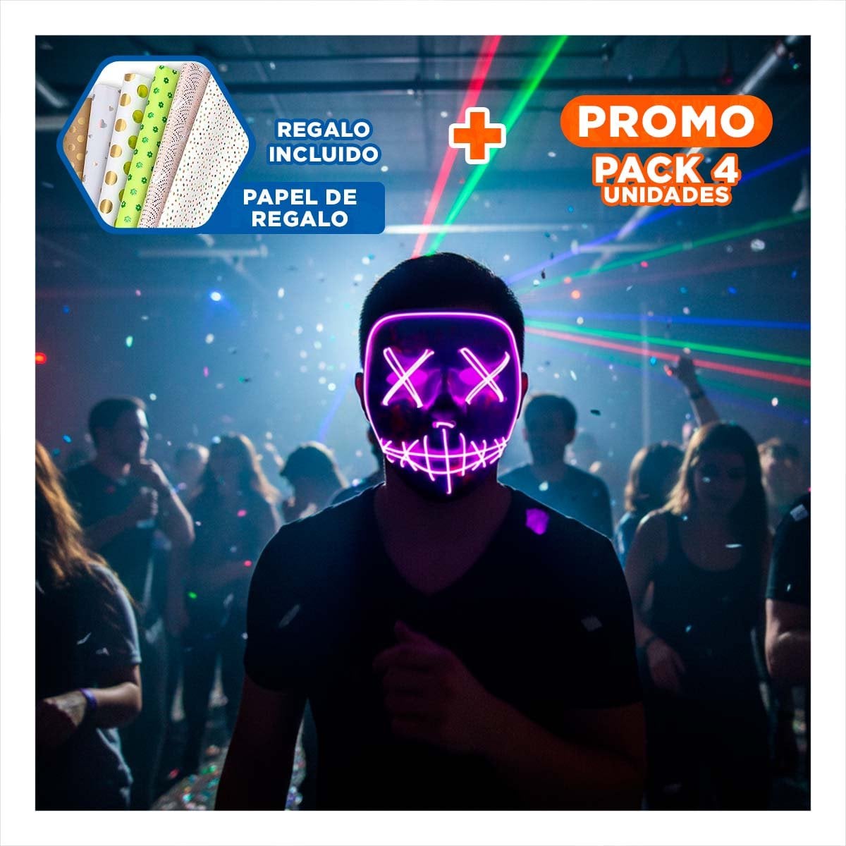 PACK4 CARETA DISFRAZ MORADO CON LUCES LED NEON HALLOWEEN Y+PAPEL REGALO - 1
