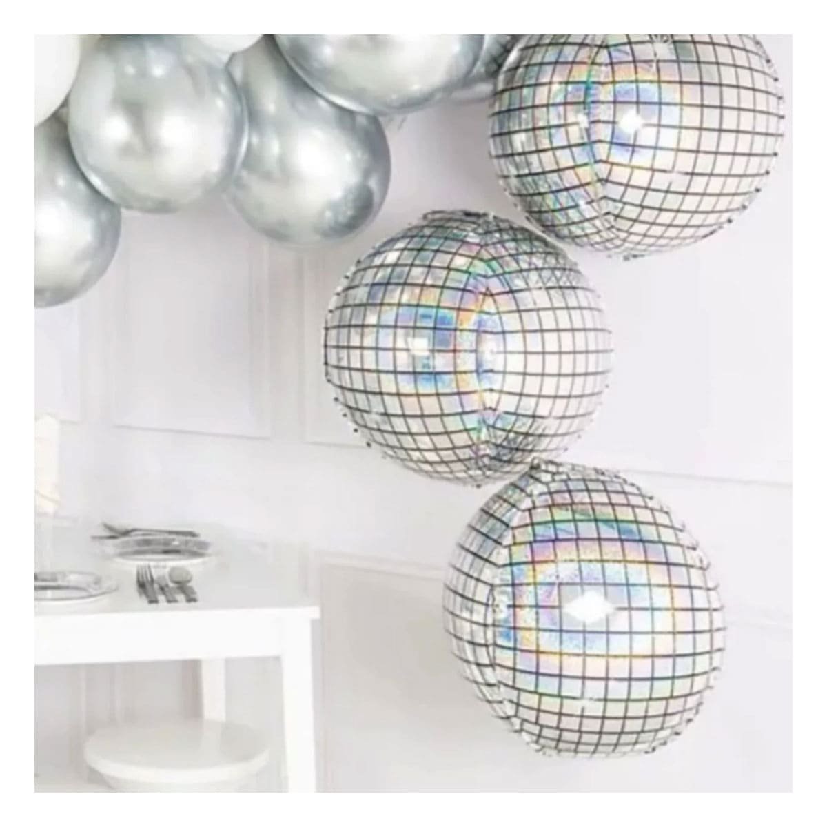 BURBUJA 4D PLATEADO 45CM DISCO CUADROS NEGROS SET 2 Y+PAPEL REGALO - 5