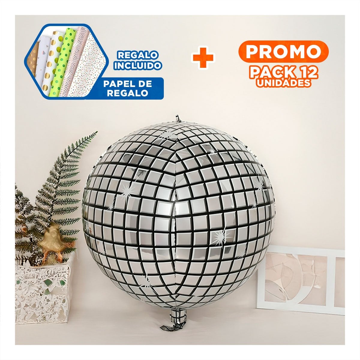 PACK12 ESFERA BOLA DISCO 4D 45CM PLATEADO SET 2 CUADROS Y+PAPEL REGALO - 1