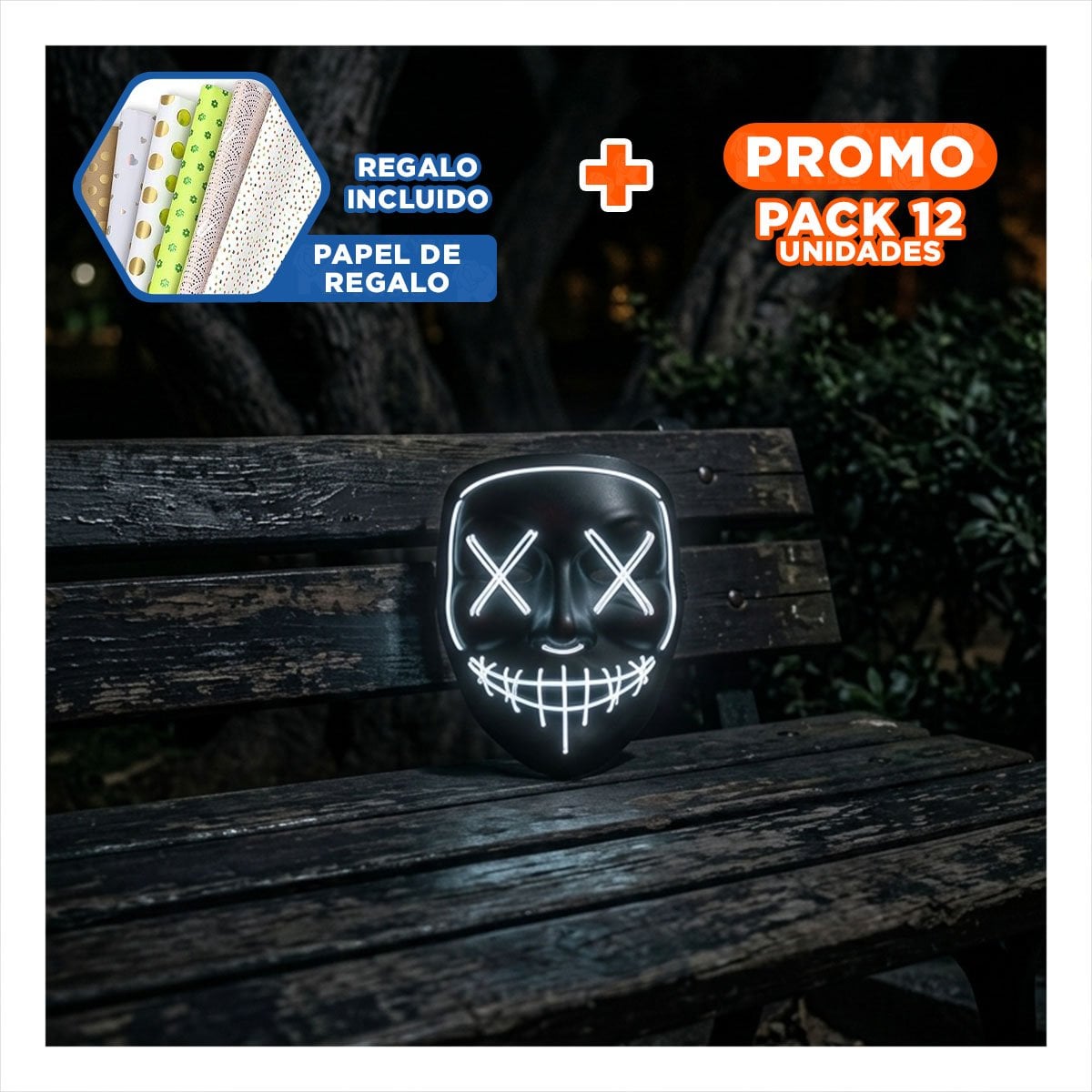 PACK12 ANTIFAZ FIESTA BLANCO CON ILUMINACION LED NEON Y+PAPEL REGALO - 1