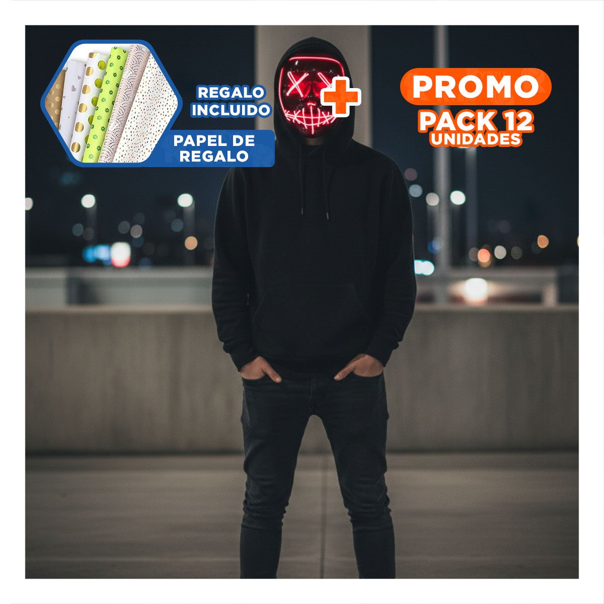 PACK12 ANTIFAZ FIESTA ROJO CON ILUMINACION LED NEON Y+PAPEL REGALO - 1