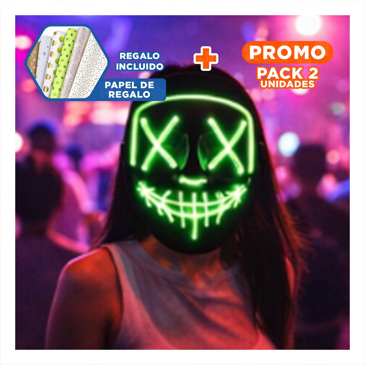 PACK2 ROSTRO LUMINOSO VERDE PARA HALLOWEEN CON LED NEON Y+PAPEL REGALO - 1