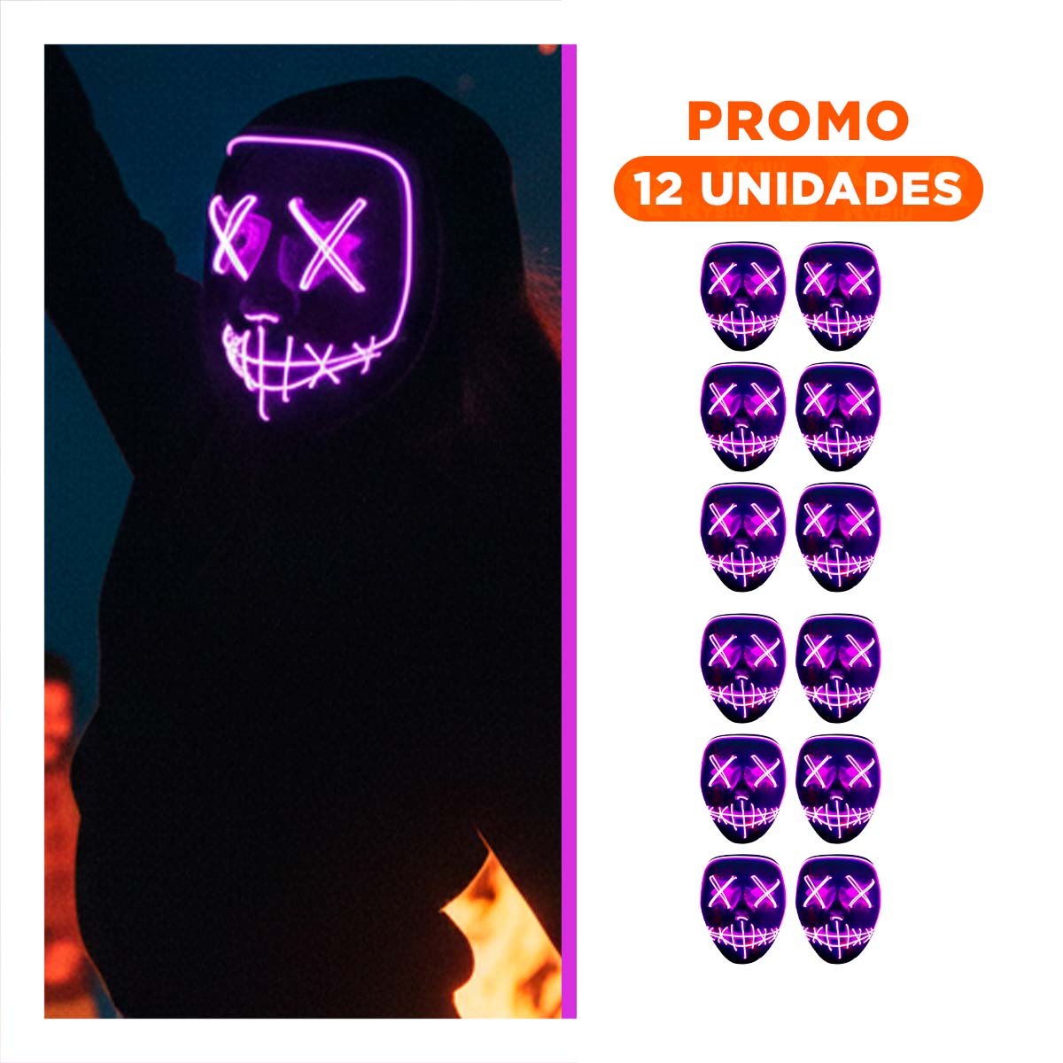 PACK12 ROSTRO FIESTA MORADO CON ILUMINACION LED NEON Y+REGALO STICKER - 1