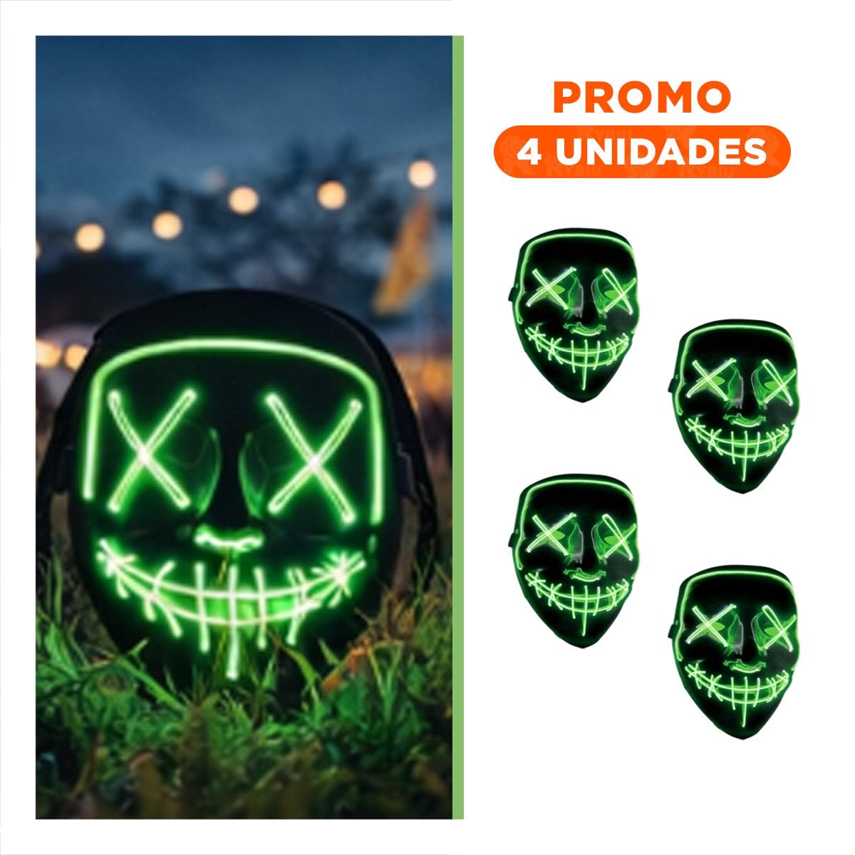 PACK4 ANTIFAZ DISFRAZ VERDE CON LUCES LED NEON HALLOWEEN Y+REGALO STICKER - 1