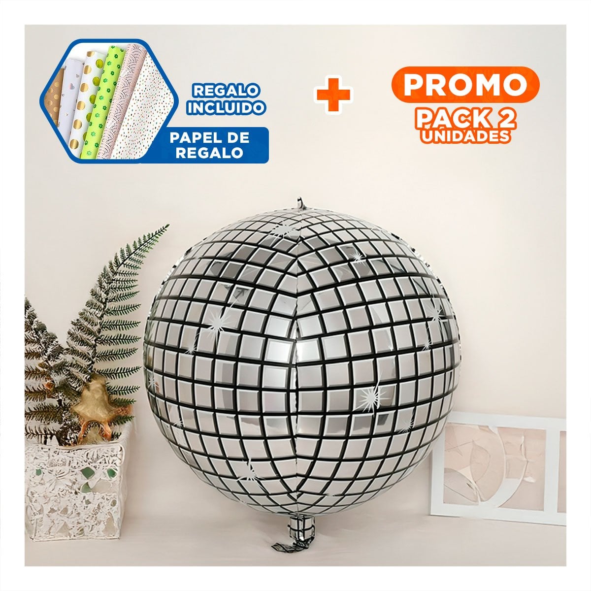 PACK2 BURBUJA FIESTA 4D 45CM BOLA DISCO PLATEADO SET 2 Y+PAPEL REGALO - 1