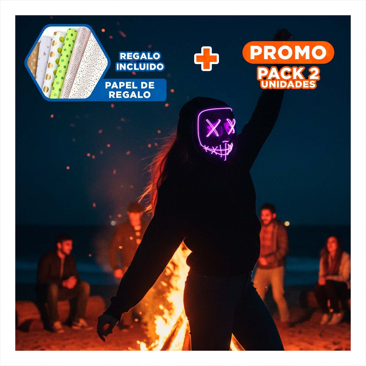 PACK2 ROSTRO LUMINOSO MORADO PARA HALLOWEEN CON LED NEON Y+PAPEL REGALO - 1