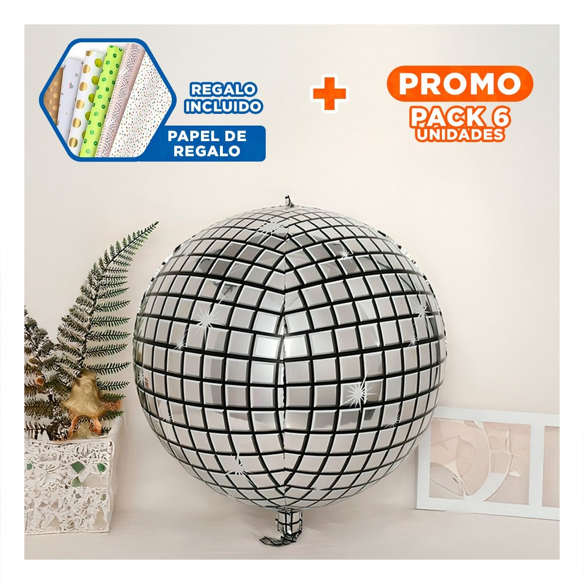 PACK6 ORBE DECORACION 4D 45CM DISCO PLATEADO SET 2 Y+PAPEL REGALO - 1
