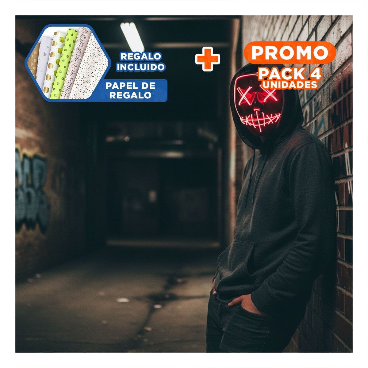 PACK4 CARETA DISFRAZ ROJO CON LUCES LED NEON HALLOWEEN Y+PAPEL REGALO - 1
