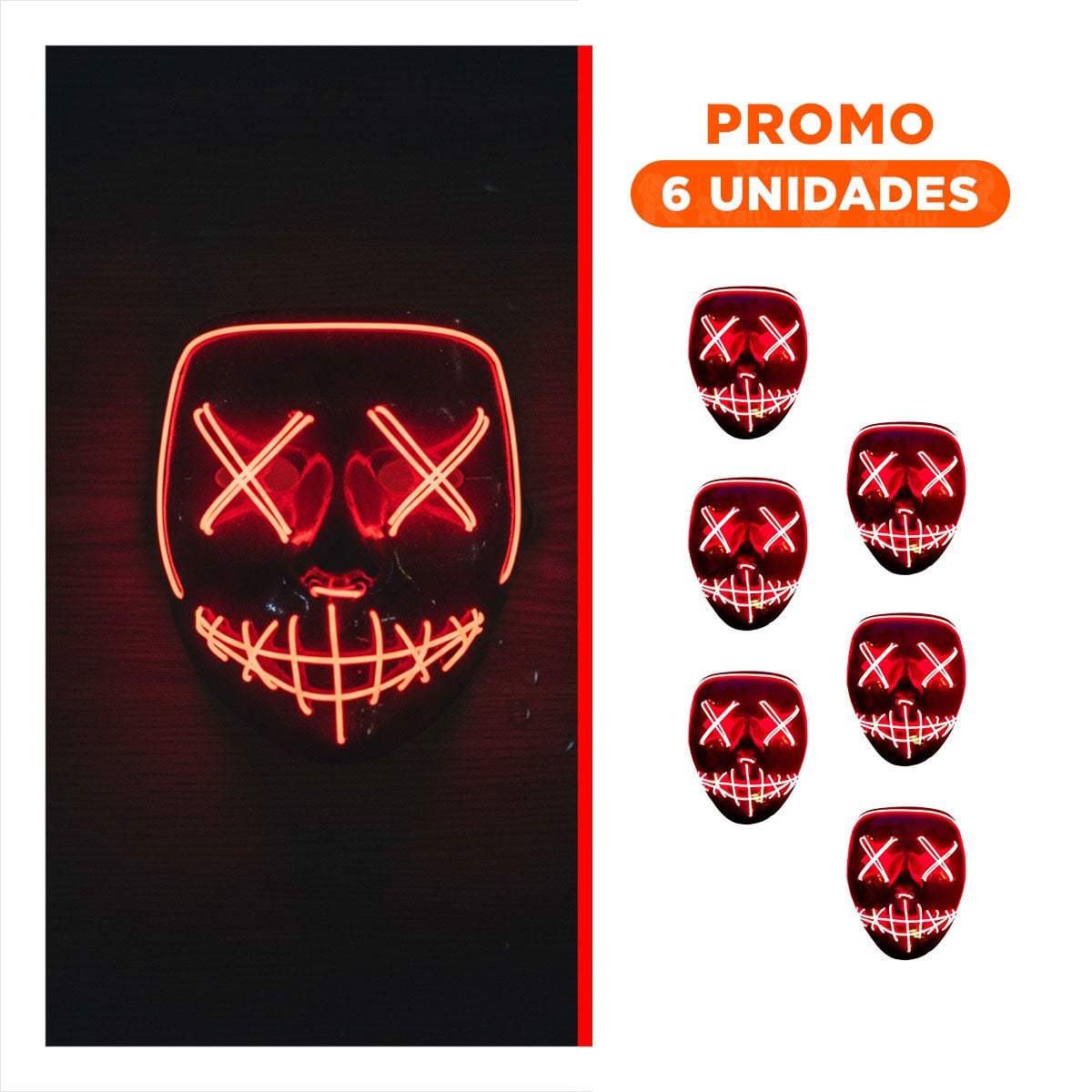 PACK6 ROSTRO DISFRAZ ROJO CON LUCES LED NEON HALLOWEEN - 1