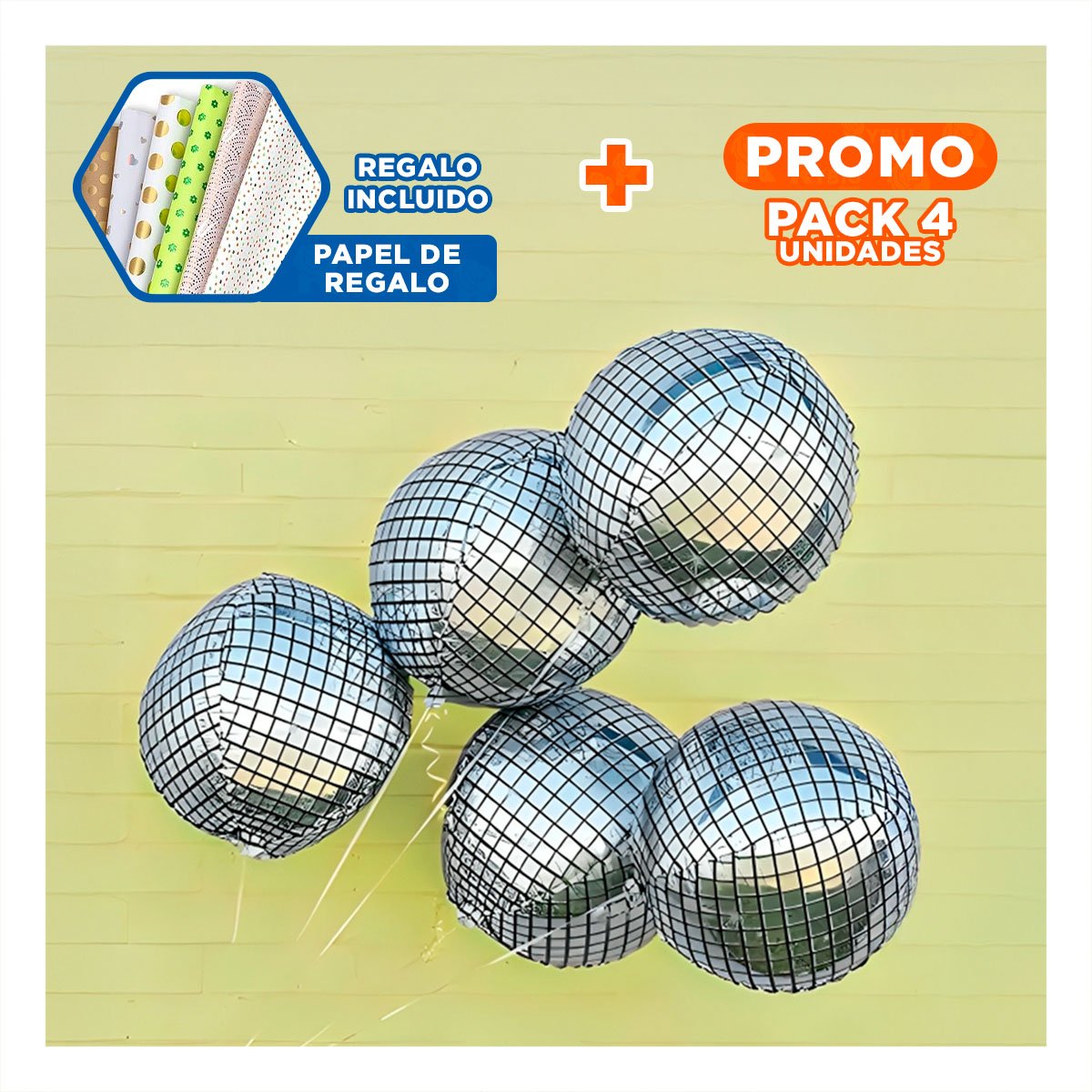 PACK4 BALON DECORACION 4D 25CM DISCO PLATEADO SET 2 Y+PAPEL REGALO - 1