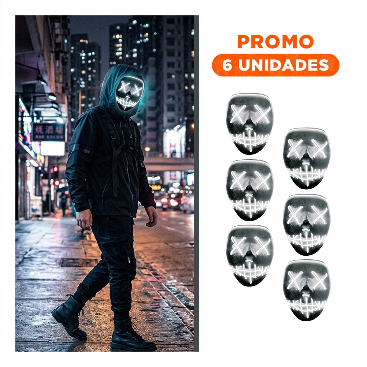 PACK6 ROSTRO DISFRAZ BLANCO CON LUCES LED NEON HALLOWEEN - 1