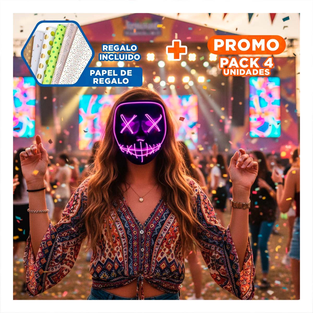 PACK4 CARETA DISFRAZ FUCSIA CON LUCES LED NEON HALLOWEEN Y+PAPEL REGALO - 1