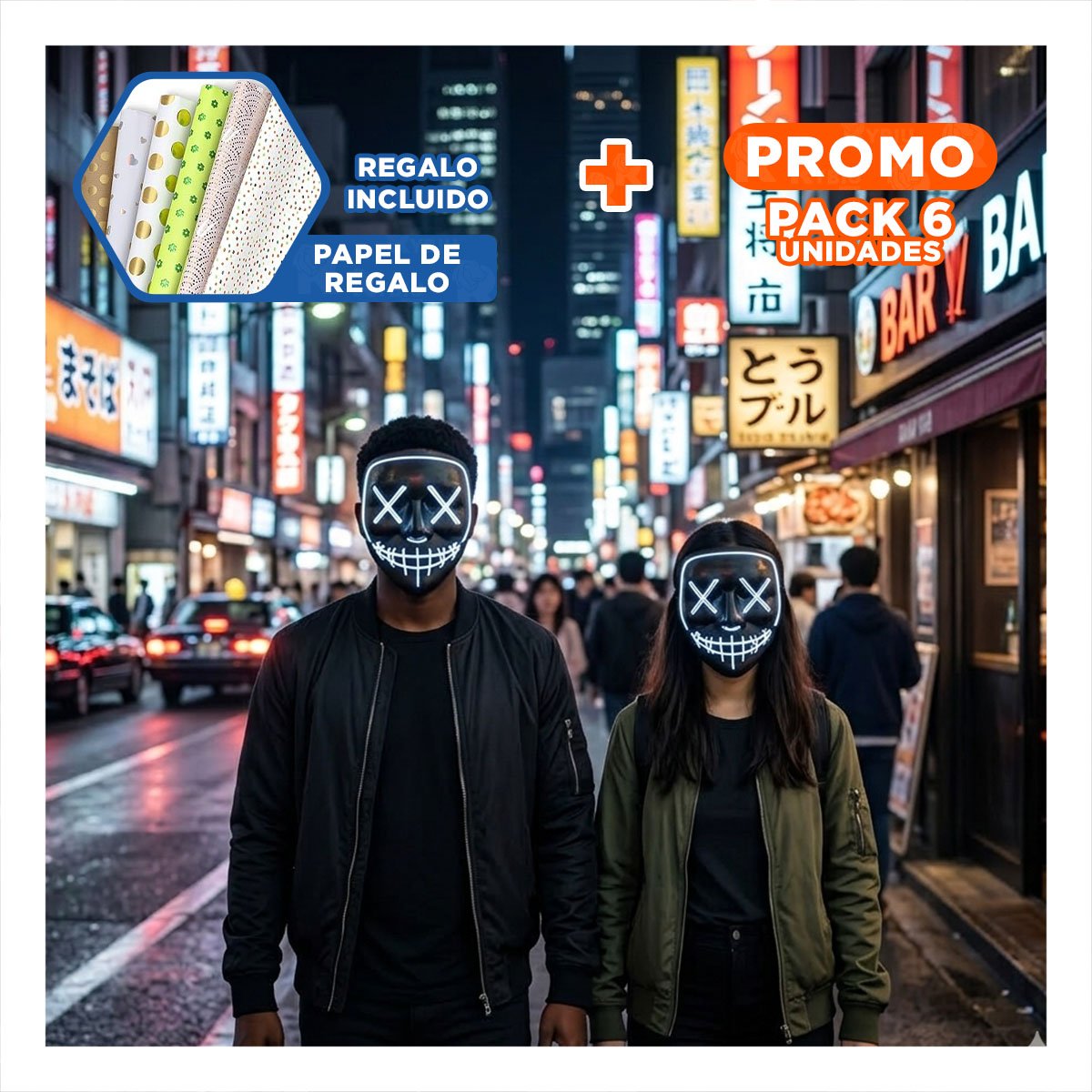 PACK6 CUBIERTA DISFRAZ BLANCO CON LUCES LED NEON HALLOWEEN Y+PAPEL REGALO - 1