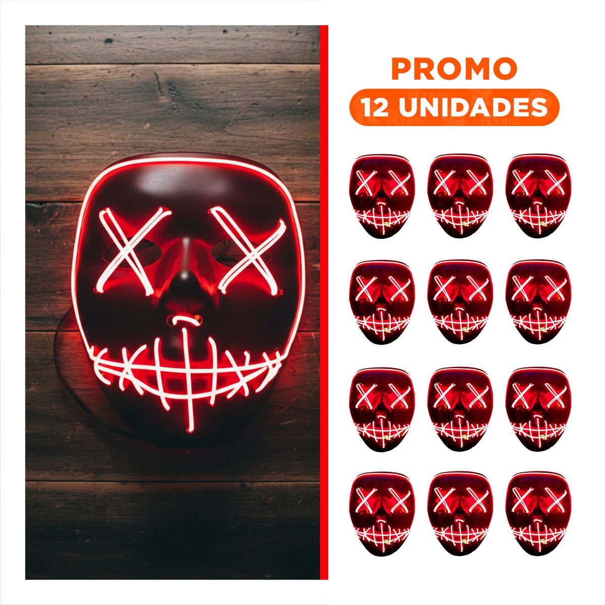 PACK12 ROSTRO FIESTA ROJO CON ILUMINACION LED NEON Y+REGALO STICKER - 1