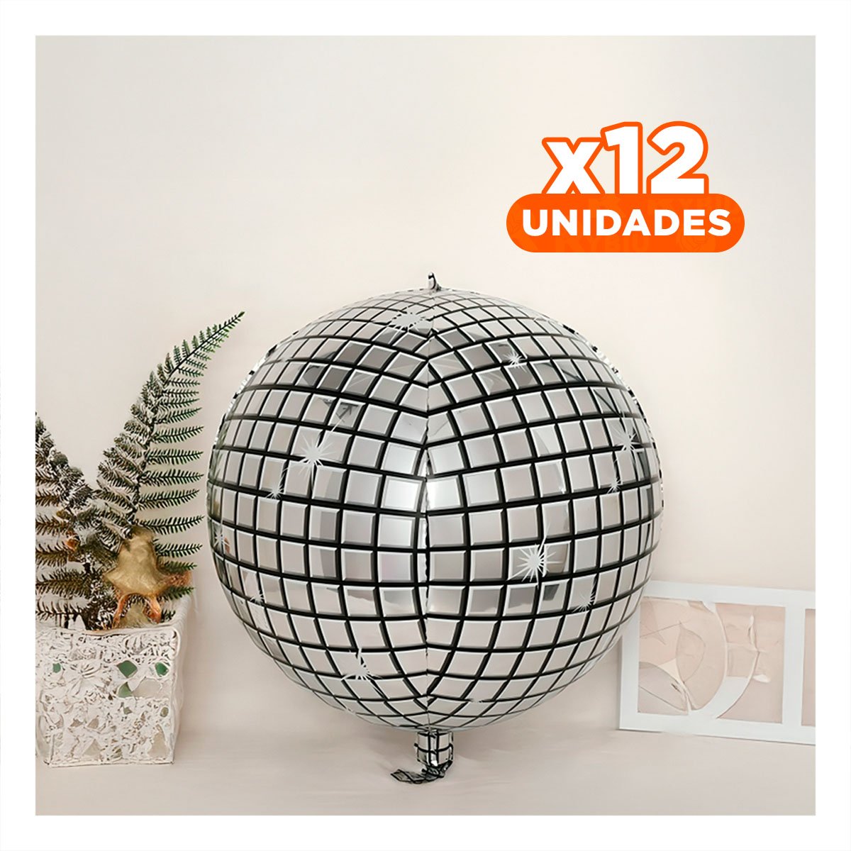 PACK12 BALON BOLA DISCO 4D 25CM PLATEADO SET 2 CUADROS