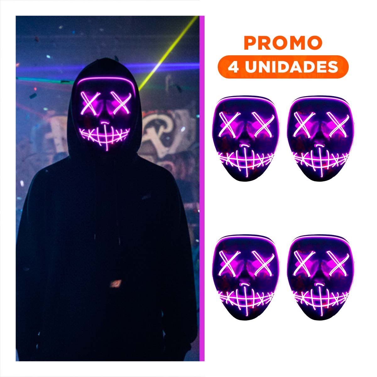 PACK4 ANTIFAZ DISFRAZ MORADO CON LUCES LED NEON HALLOWEEN Y+REGALO STICKER - 1