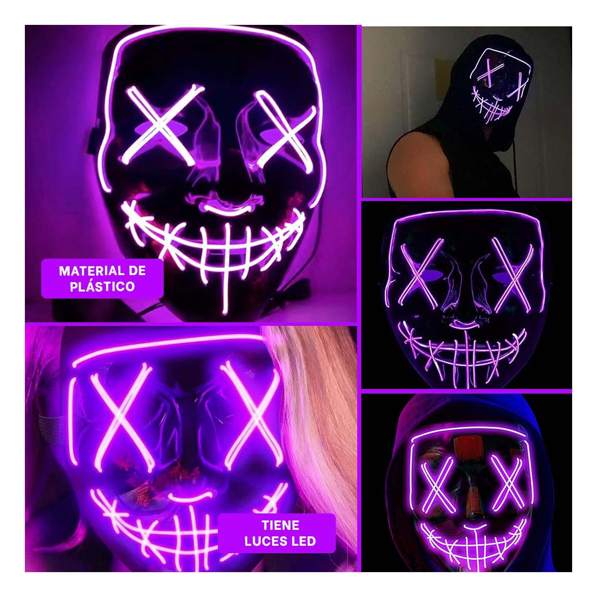 PACK4 ANTIFAZ DISFRAZ MORADO CON LUCES LED NEON HALLOWEEN Y+REGALO STICKER - 2