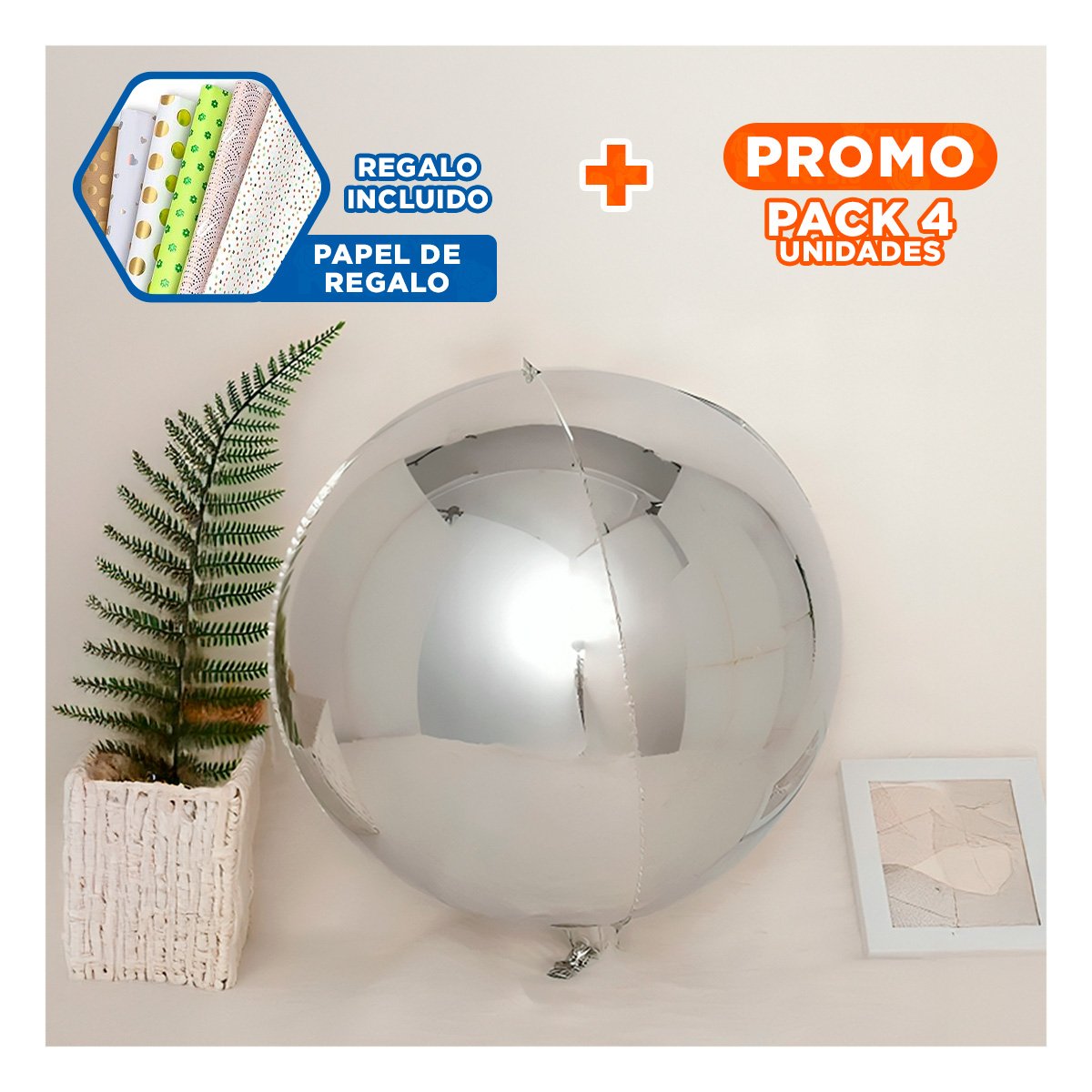 PACK4 ESTILO 4D 25CM SET 2 PLATEADO LISO DECORACION EN CASA Y+PAPEL REGALO - 1