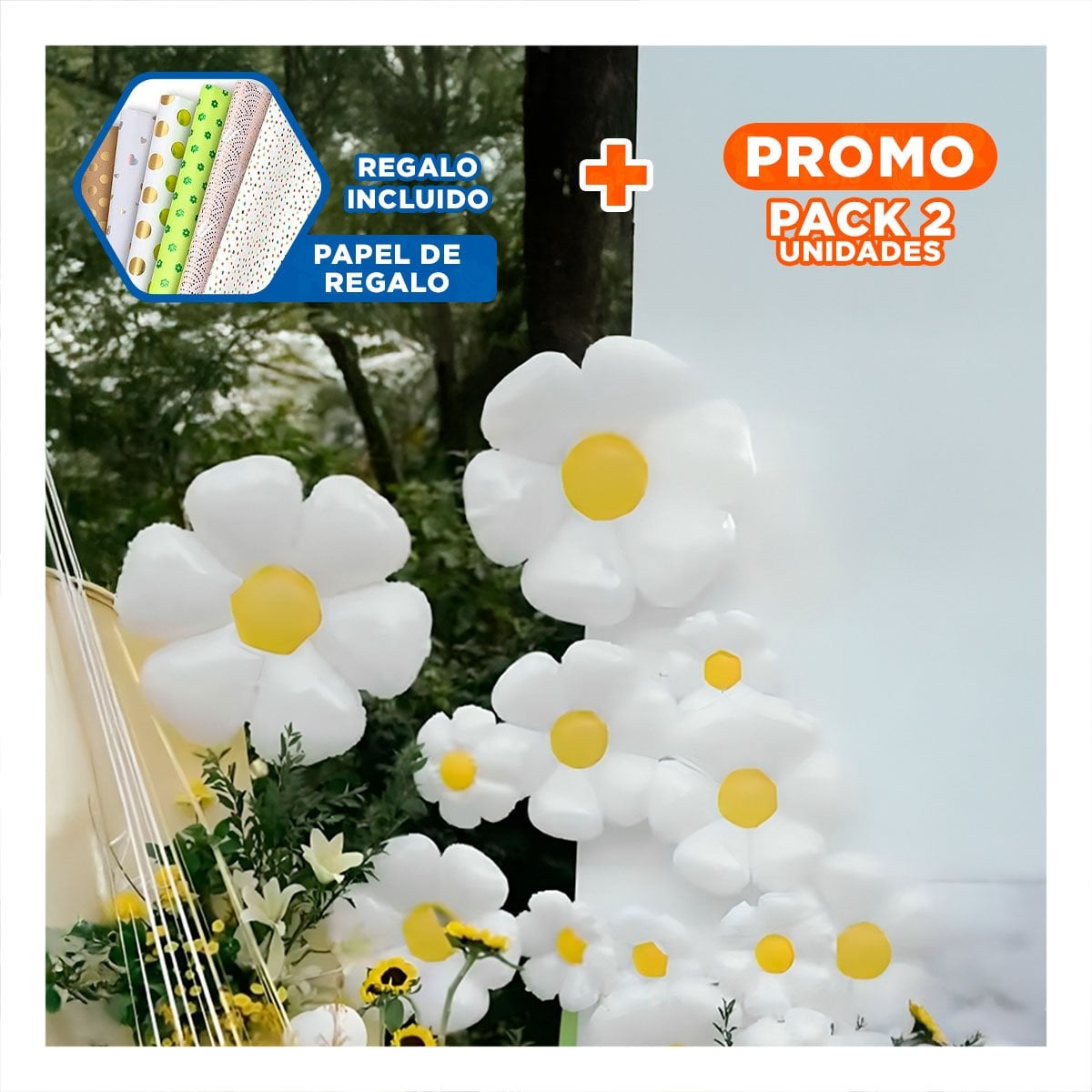 PACK2 OPCION FLOR 23CM SET 2 BLANCO CON CENTRO AMARILLO PARA CASA Y+PAPEL REGALO - 1