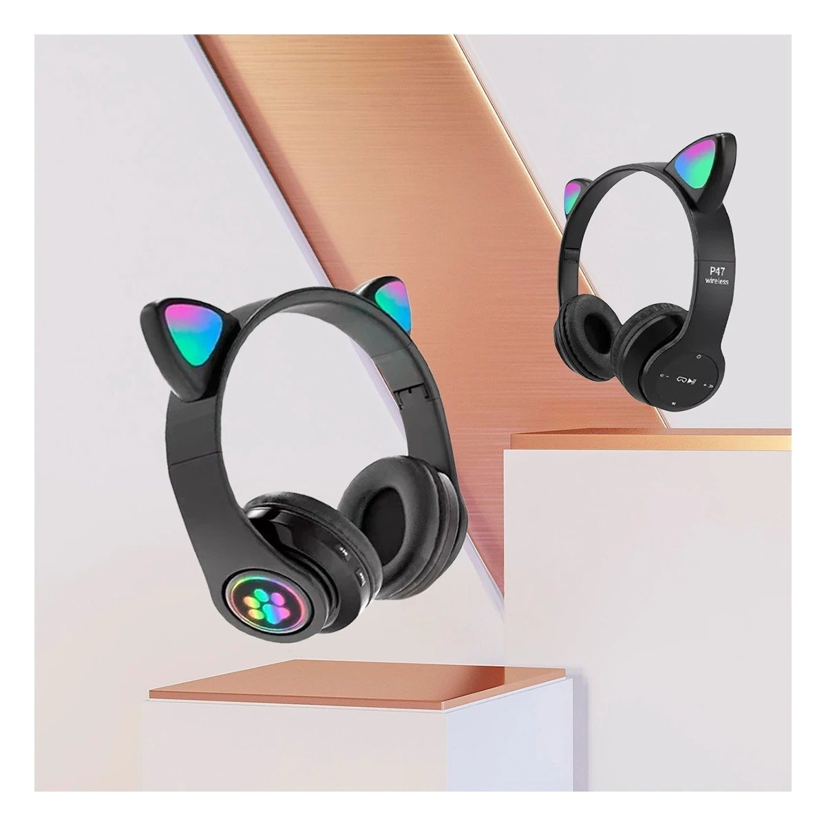 PACK2 HEADSET TIPO GATO CON LUCES NEGRO PARA COMPUTADORA Y JUEGOS Y+PAPEL REGALO - 2