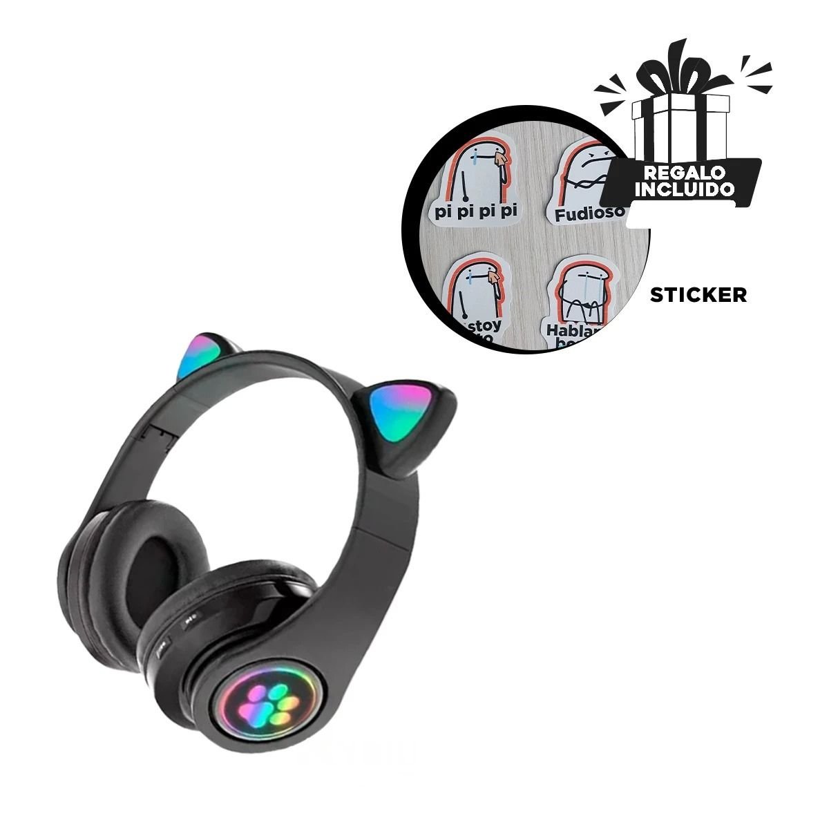 PACK2 HEADSET TIPO GATO CON LUCES NEGRO PARA COMPUTADORA Y JUEGOS Y+PAPEL REGALO - 5