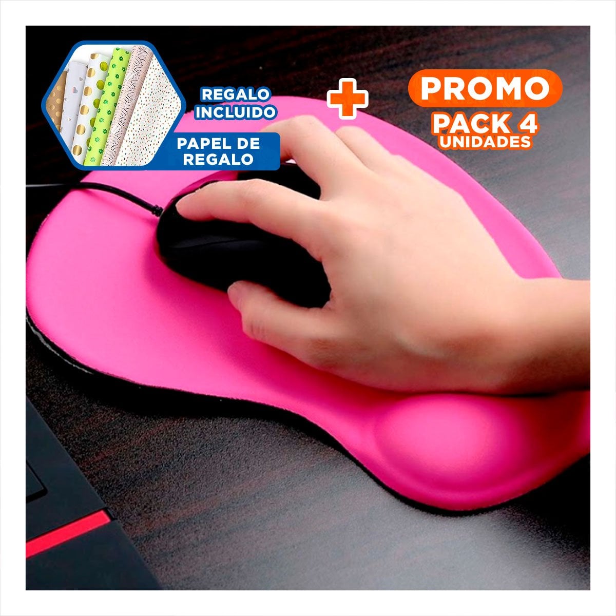 PACK4 ALFOMBRILLA GEL CON DISEÑO PARA COMPUTADORA Y HOGAR FUCSIA Y+PAPEL REGALO - 1
