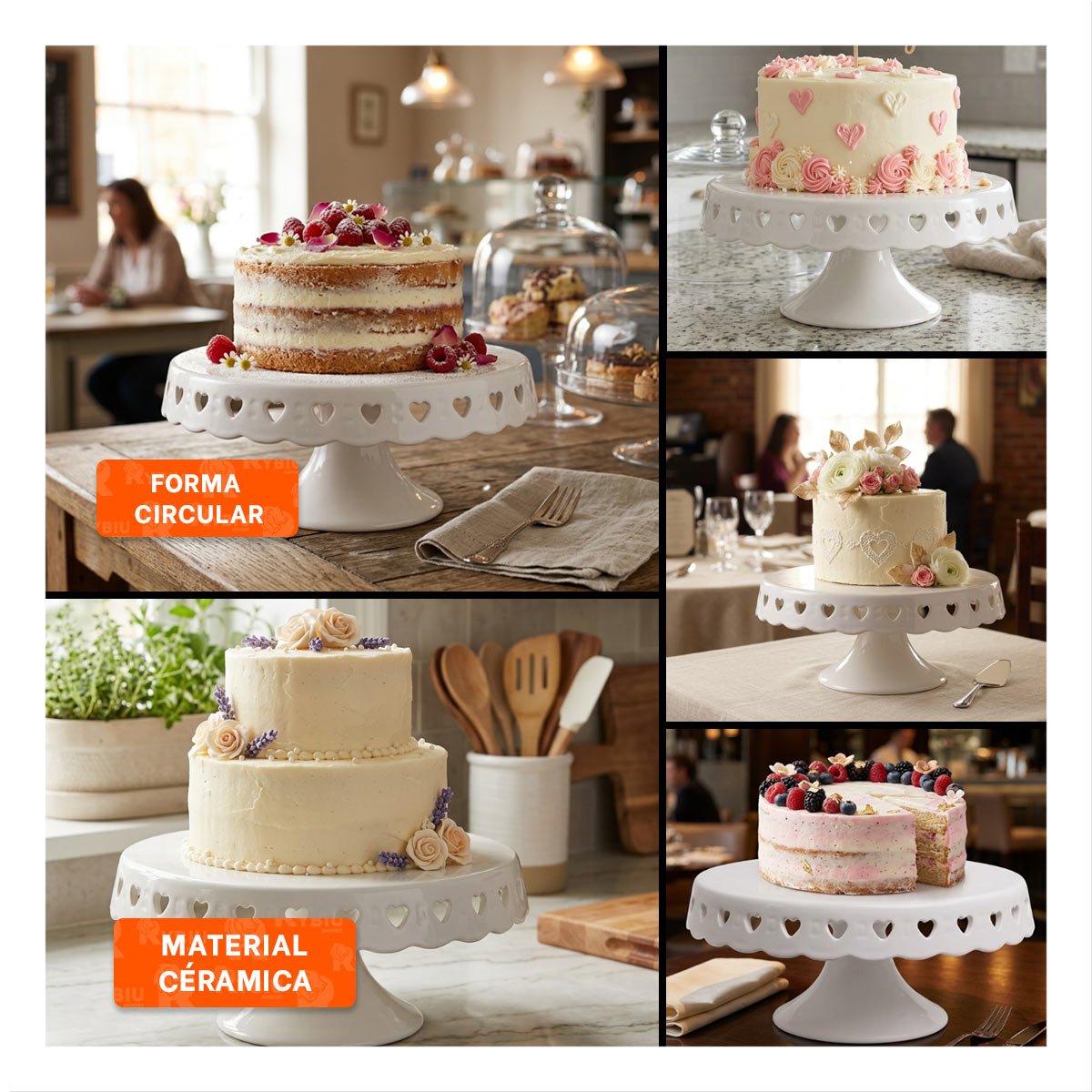 PEDESTAL PORTA TORTA CERAMICA CORAZONES COLOR BLANCO 25 CM PARA HOGAR - 2