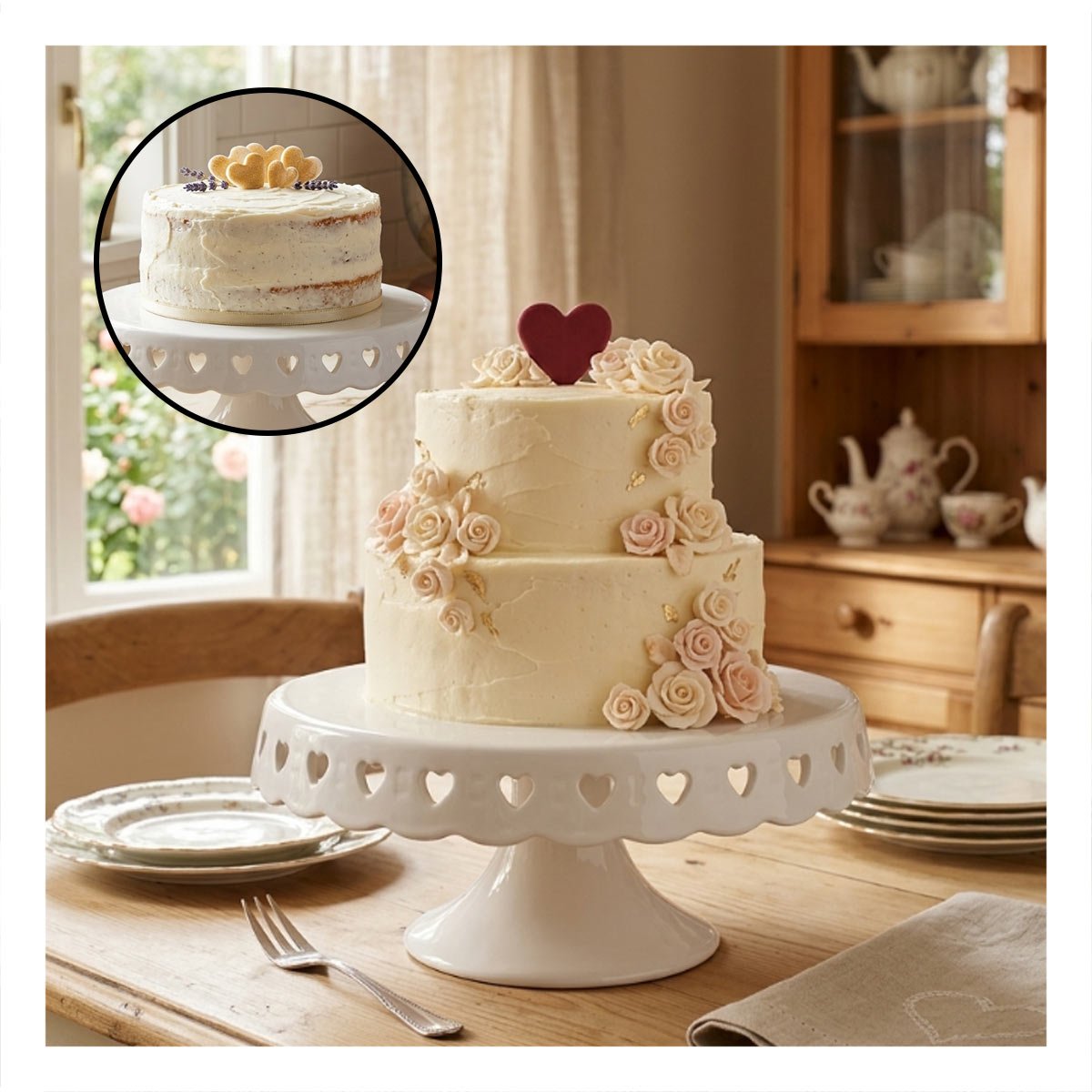 PEDESTAL PORTA TORTA CERAMICA CORAZONES COLOR BLANCO 25 CM PARA HOGAR - 3