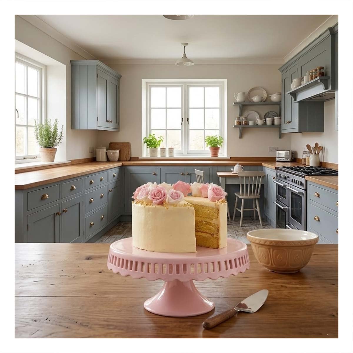 EXHIBIDOR RAYITAS PORTA TORTA CERAMICA ROSADO 25 CM PARA POSTRES Y+PAPEL REGALO - 2