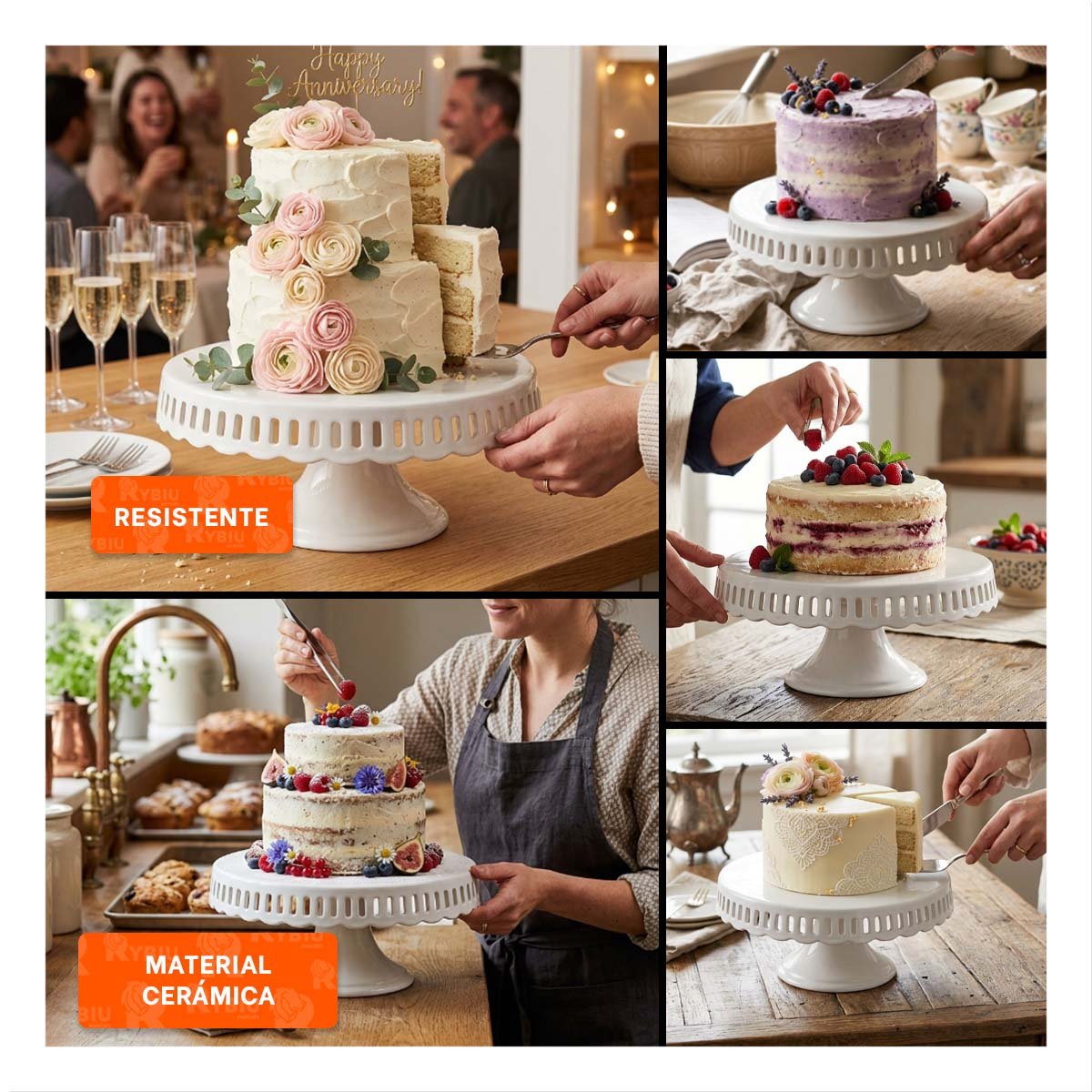 BASE PORTA TORTA COLOR BLANCO CERAMICA RAYITAS 30 CM PARA MESA Y+LIGAS REGALO - 1
