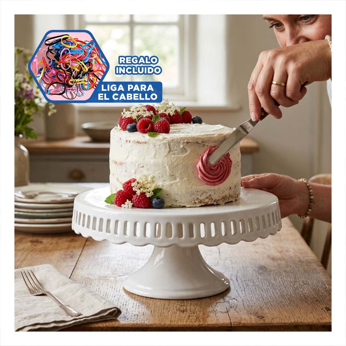 BASE PORTA TORTA COLOR BLANCO CERAMICA RAYITAS 30 CM PARA MESA Y+LIGAS REGALO - 2