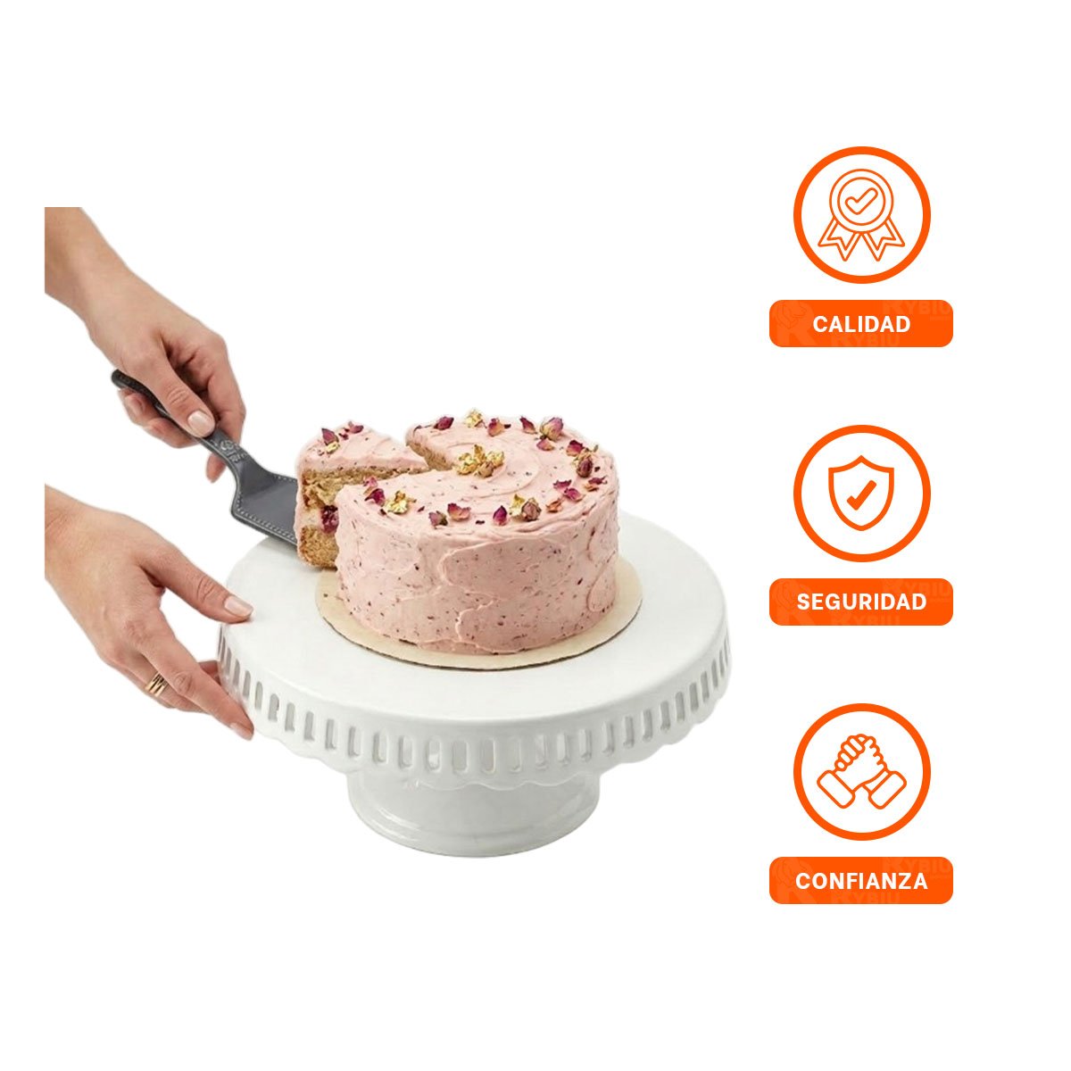 BASE PORTA TORTA COLOR BLANCO CERAMICA RAYITAS 30 CM PARA MESA Y+LIGAS REGALO - 5