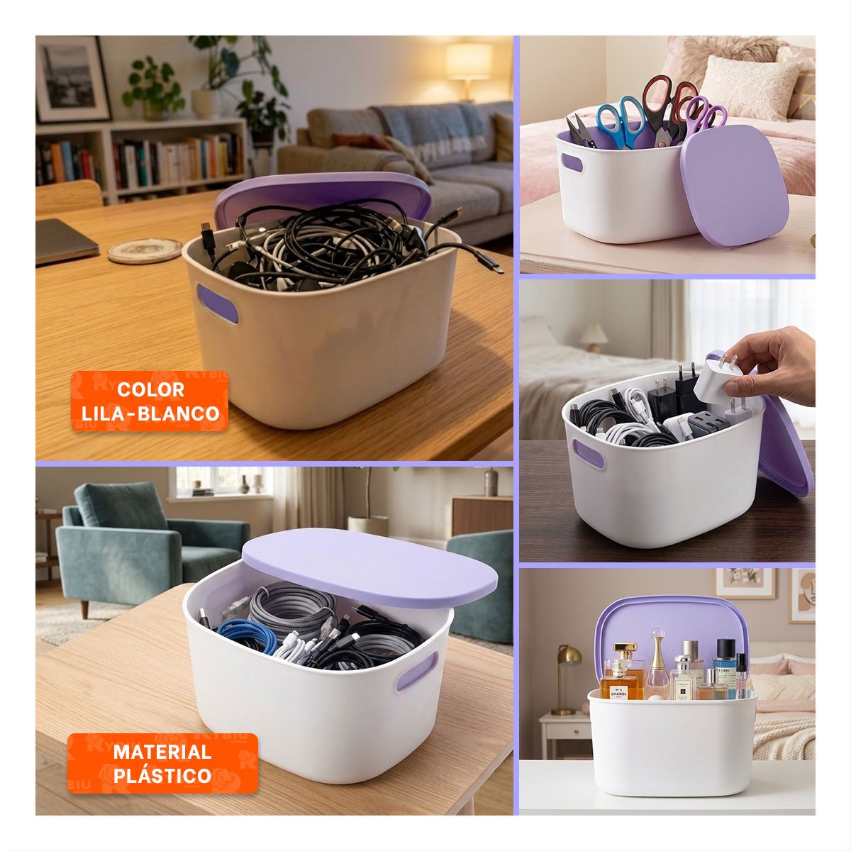 BAUL ORGANIZADOR COLOR LILA Y BLANCO CON TAPA 26.5X22X15.4 CM PARA HOGAR Y+LIGAS REGALO - 1
