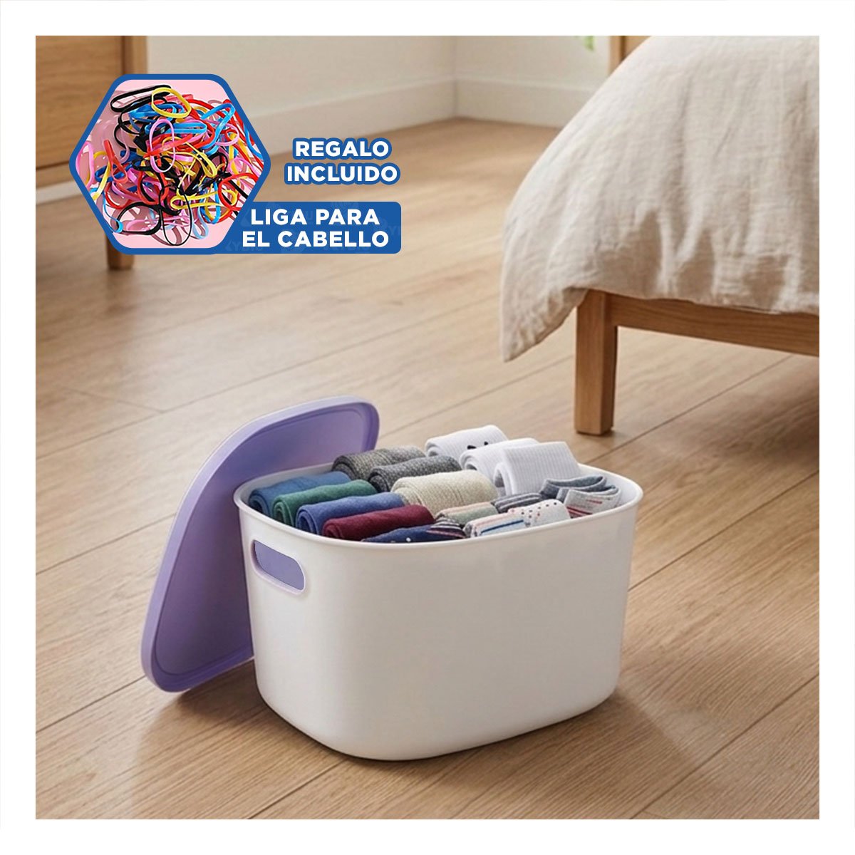BAUL ORGANIZADOR COLOR LILA Y BLANCO CON TAPA 26.5X22X15.4 CM PARA HOGAR Y+LIGAS REGALO - 2