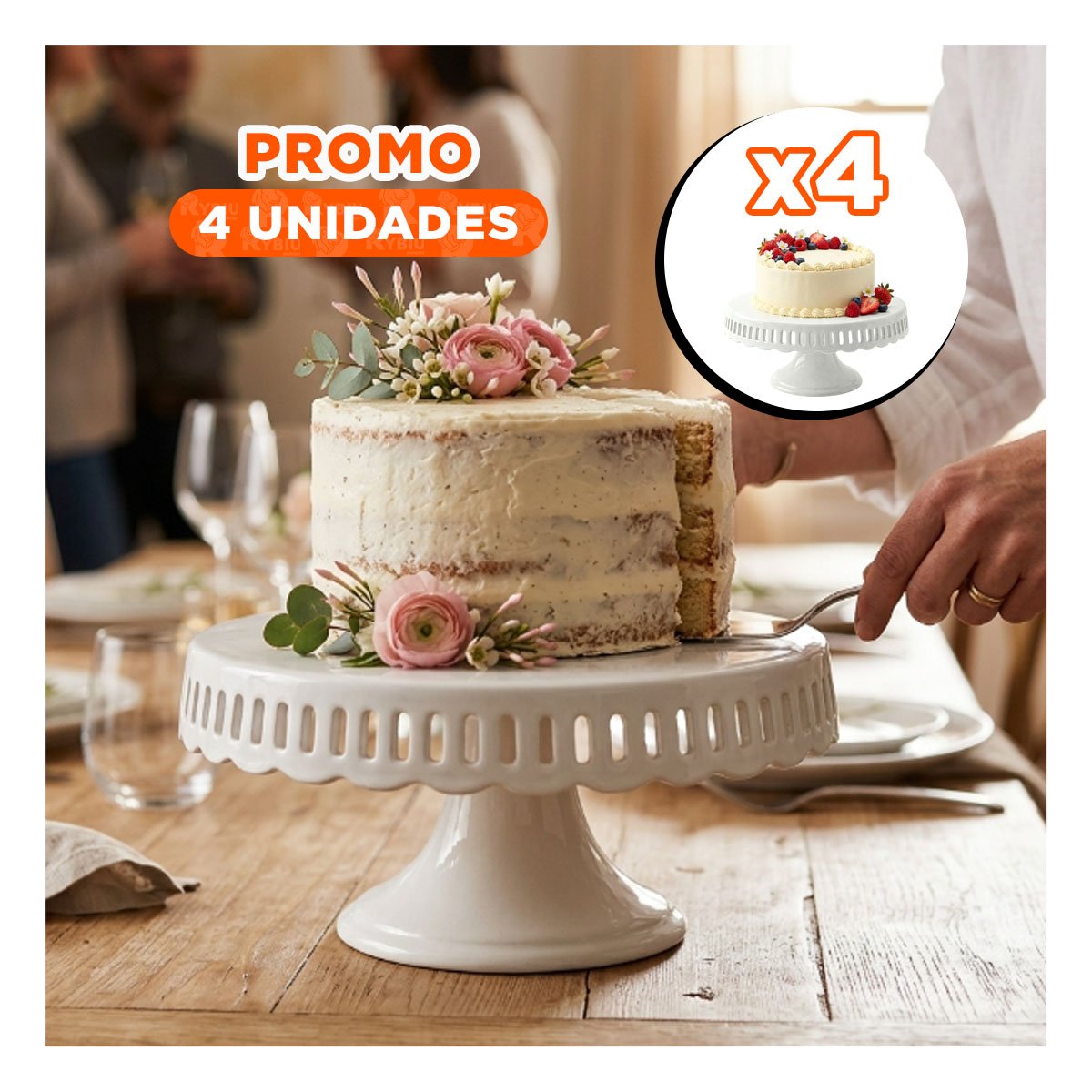 PACK4 EXHIBIDOR DECORATIVO CERAMICA RAYITAS COLOR BLANCO 30 CM PARA POSTRES Y+PAPEL REGALO - 1